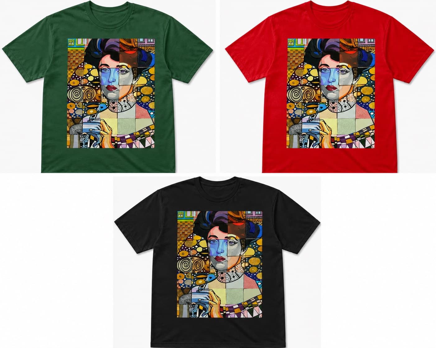 Shrinemont tee shown in green, red, and black